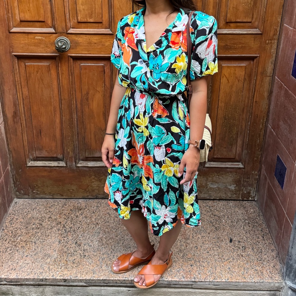 Medium Vintage Retro Floral Midi Dress Boho Retro Vibes Pockets Vacation